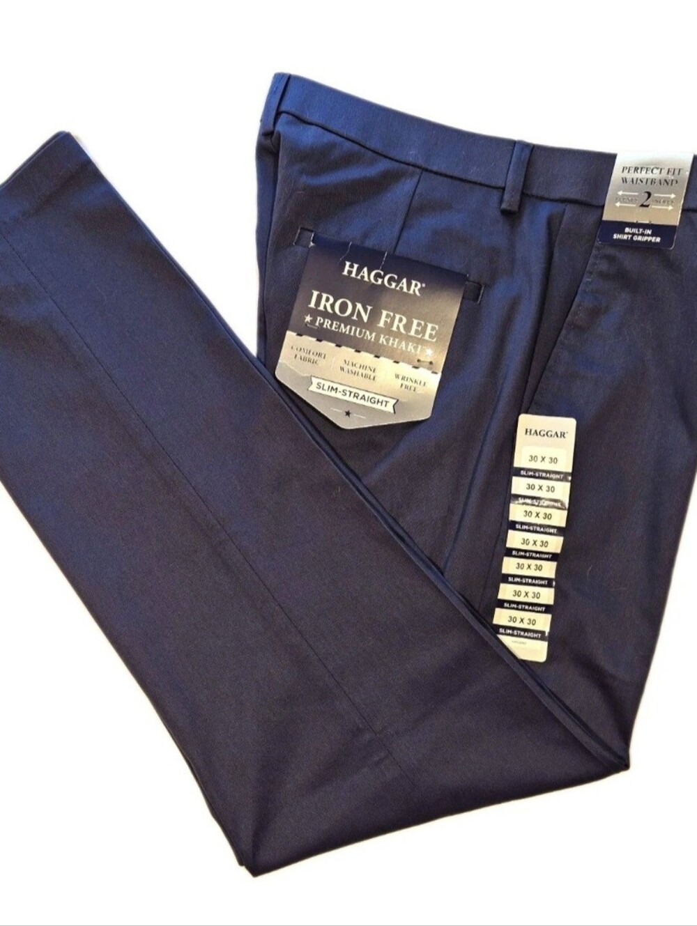 Haggar Mens 30Wx30L Iron Free Slim-Straight Pants Navy Blue NEW Sku749